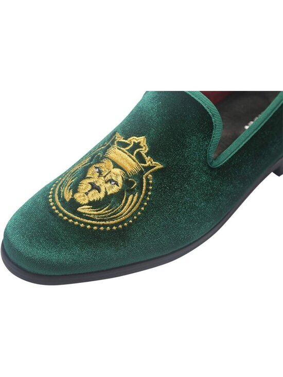 ELANROMAN Men\'s Olive Velvet Loafers Embroidered Lion Crown Formal Party Shoes